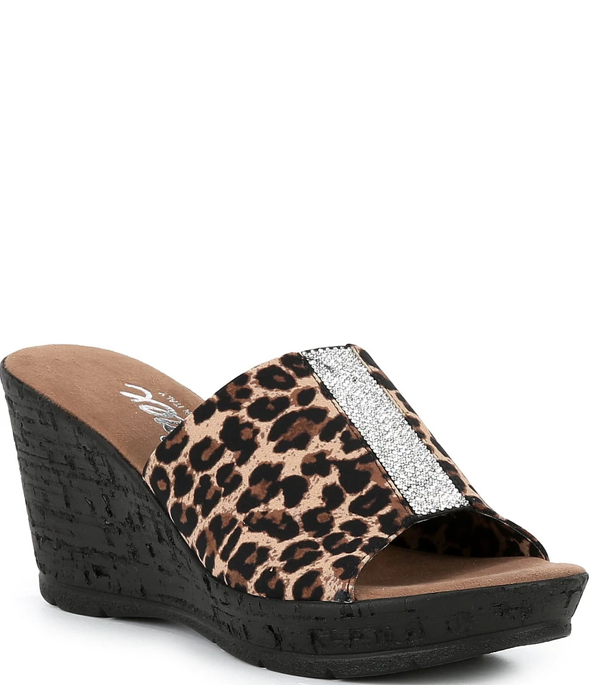 Onex Danica Stretch Fabric Crystal Detail Leopard Wedge Sandals