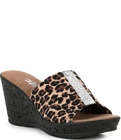 Onex Danica Stretch Fabric Crystal Detail Leopard Wedge Sandals