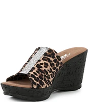 Onex Danica Stretch Fabric Crystal Detail Leopard Wedge Sandals