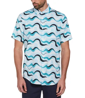 Original Penguin Wavy Print Short Sleeve Woven Button-Up Shirt