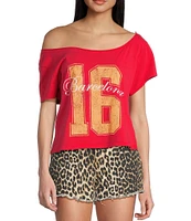 Originality Barcelona 16 Graphic Off-The-Shoulder Short Sleeve T-Shirt