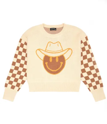 Originality Big Girls 7-16 Checkered Long-Sleeve Cowboy Smiley-Face Sweater