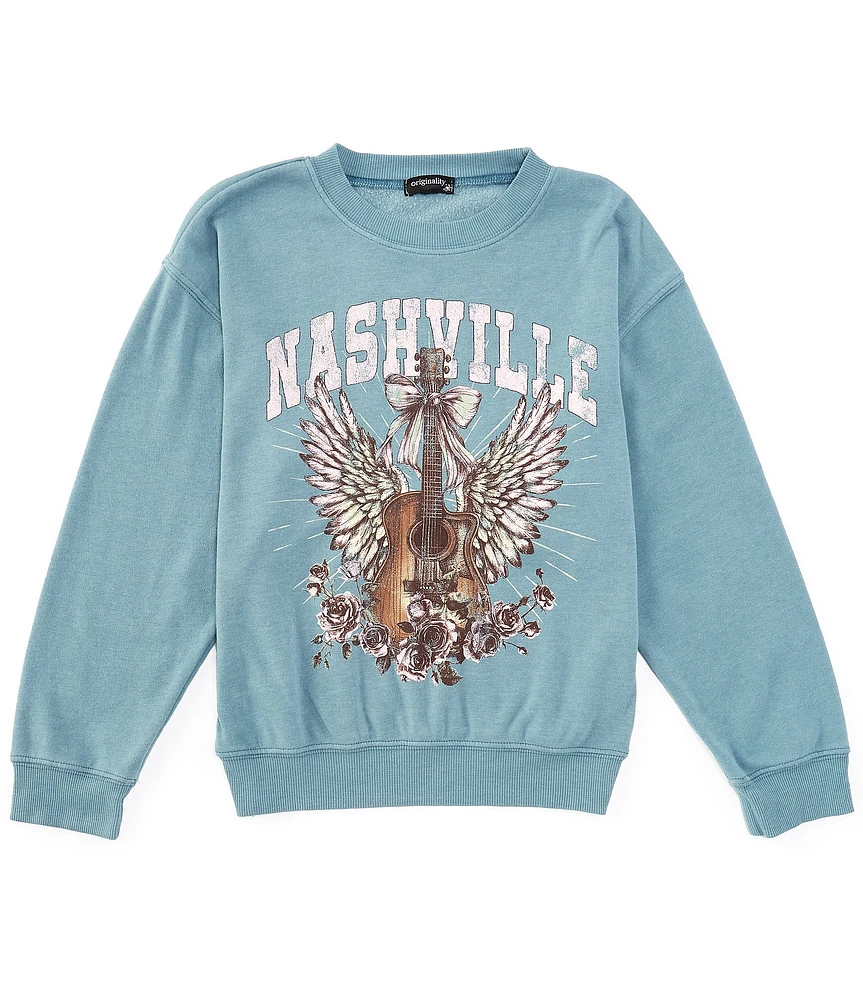 Originality Big Girls 7-16 Long Sleeve Nashville Winged Guitar Fleece Graphic Sweatshirt