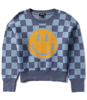 Originality Big Girls 7-16 Long-Sleeve Smiley Face Checked Boxy Sweater