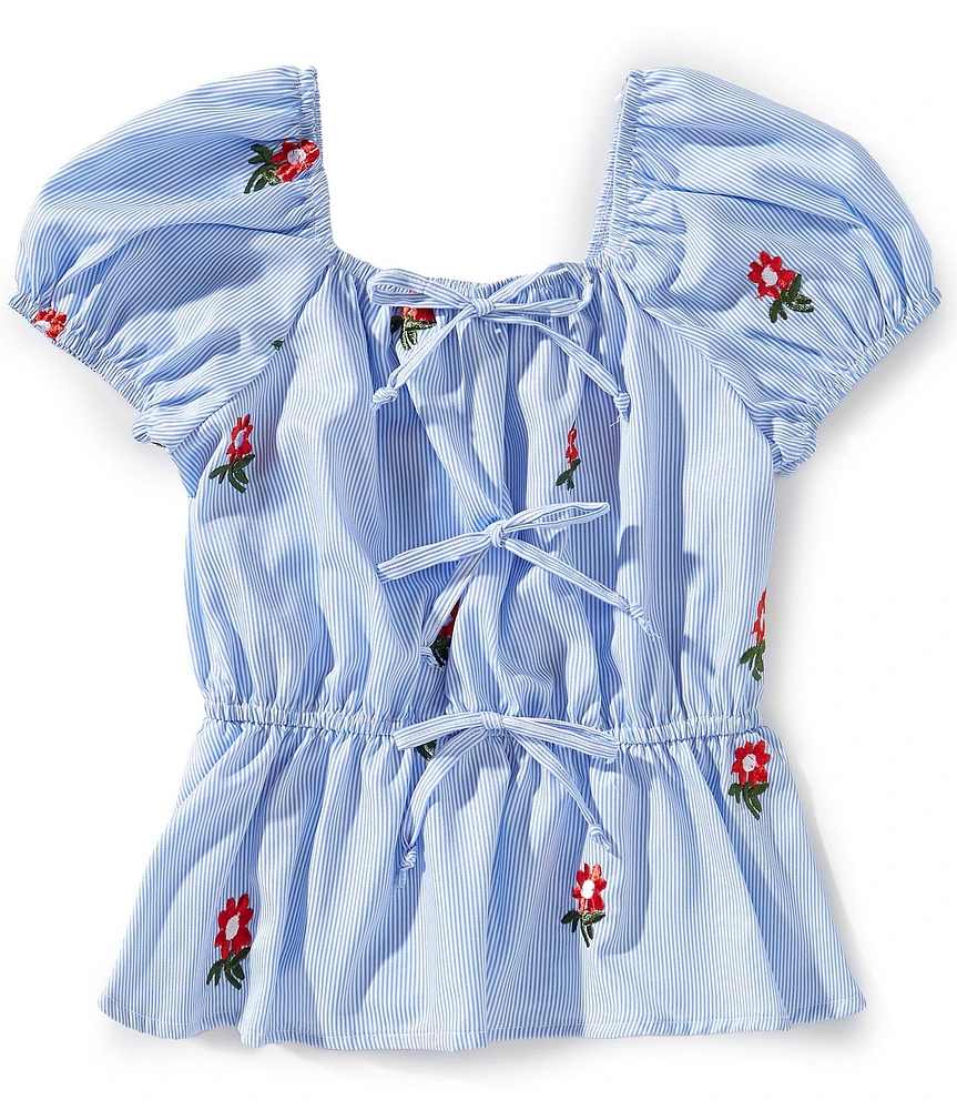 Originality Big Girls 7-16 Puff Sleeve Stripe Print Embroidered Flowers Bow Front Top