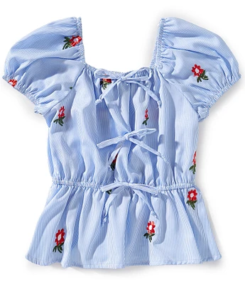 Originality Big Girls 7-16 Puff Sleeve Stripe Print Embroidered Flowers Bow Front Top