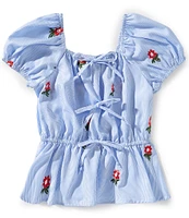 Originality Big Girls 7-16 Puff Sleeve Stripe Print Embroidered Flowers Bow Front Top