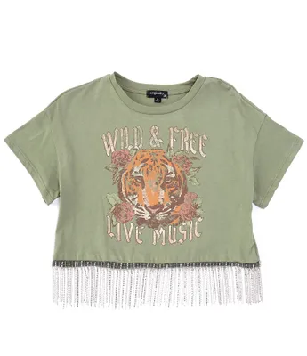 Originality Big Girls 7-16 Short Sleeve Wild & Free Tiger Live Music Rhinestone Fringe Trim T-Shirt