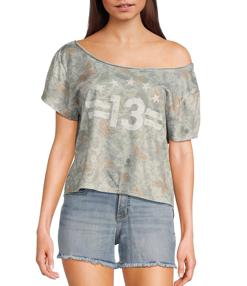 Originality Camo 13 Graphic Off-The-Shoulder Short Sleeve T-Shirt