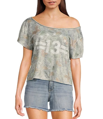 Originality Camo 13 Graphic Off-The-Shoulder Short Sleeve T-Shirt