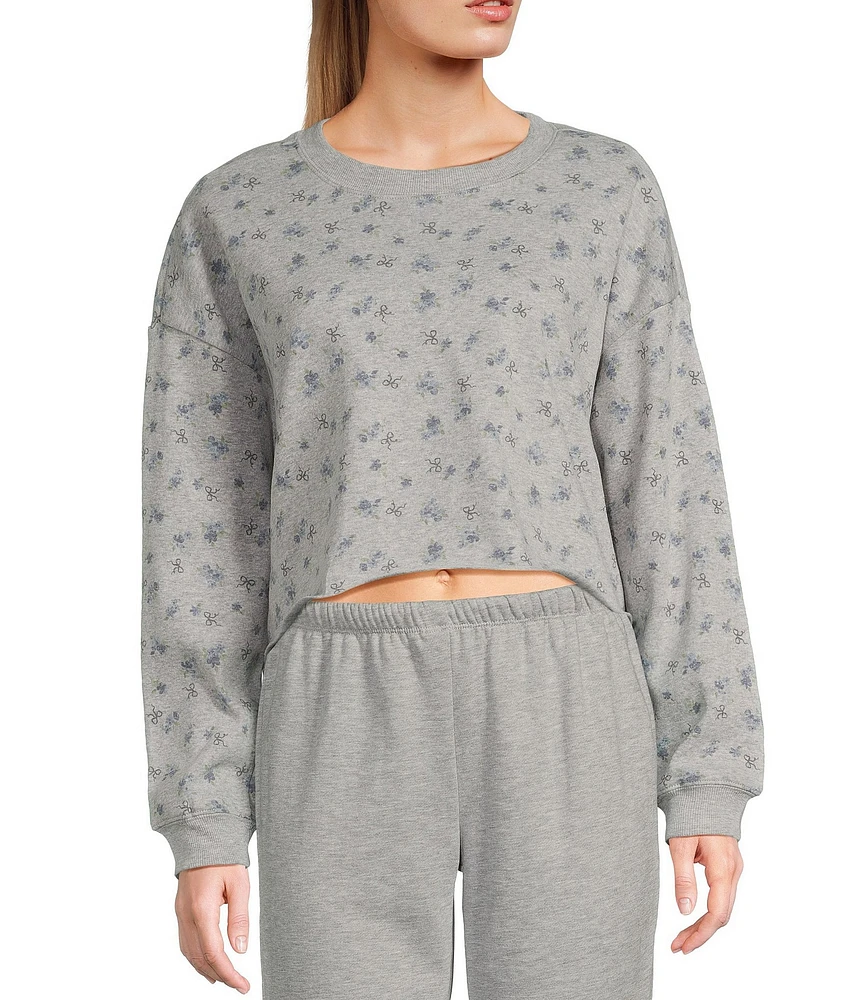 Originality Cropped Balloon Sleeve Floral Print Fleece Sweatshirt
