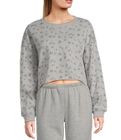 Originality Cropped Balloon Sleeve Floral Print Fleece Sweatshirt