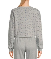 Originality Cropped Balloon Sleeve Floral Print Fleece Sweatshirt