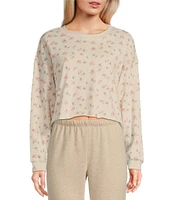 Originality Cropped Balloon Sleeve Floral Print Fleece Sweatshirt