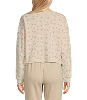 Originality Cropped Balloon Sleeve Floral Print Fleece Sweatshirt