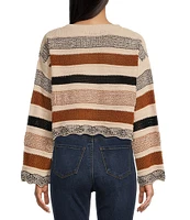 Originality Long Sleeve Stripe Crochet Scallop Edge Sweater