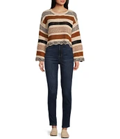 Originality Long Sleeve Stripe Crochet Scallop Edge Sweater