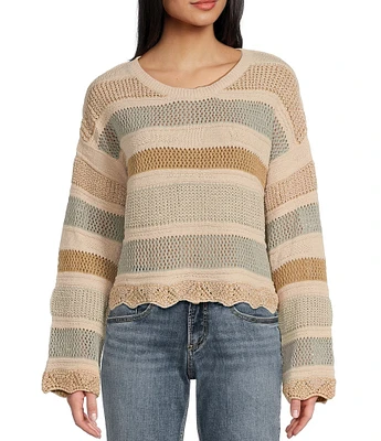 Originality Long Sleeve Stripe Crochet Scallop Edge Sweater