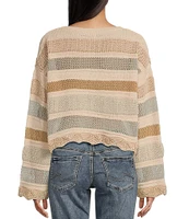 Originality Long Sleeve Stripe Crochet Scallop Edge Sweater