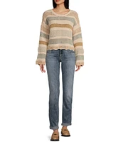 Originality Long Sleeve Stripe Crochet Scallop Edge Sweater