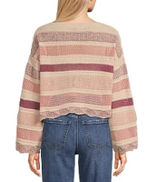 Originality Long Sleeve Stripe Crochet Scallop Edge Sweater