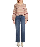 Originality Long Sleeve Stripe Crochet Scallop Edge Sweater