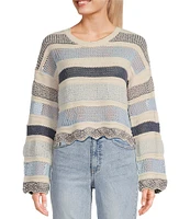 Originality Long Sleeve Stripe Crochet Scallop Edge Sweater