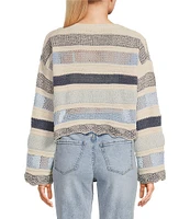 Originality Long Sleeve Stripe Crochet Scallop Edge Sweater