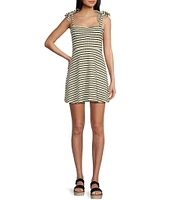 Originality Sleeveless Spaghetti Tie Strap Cinch Front A-Line Striped Dress