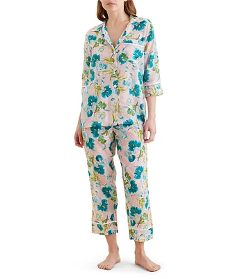 Papinelle Audrey Lightweight Woven 3/4 Sleeve Notch Collar Cropped Pant Pajama Set