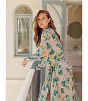 Papinelle Audrey Long Sleeve Shawl Collar Lightweight Woven Floral Print Coordinating Long Robe