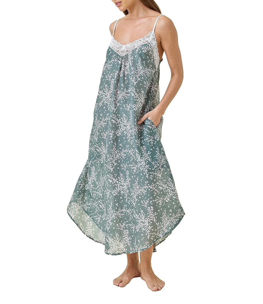 Papinelle Cherry Blossom Lightweight Lace Front Sleeveless Maxi Nightgown