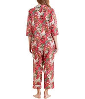 Papinelle Floral Print 3/4 Sleeve Notch Collar Lightweight Woven Cotton Cropped Pajama Set