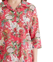 Papinelle Floral Print 3/4 Sleeve Notch Collar Lightweight Woven Cotton Cropped Pajama Set