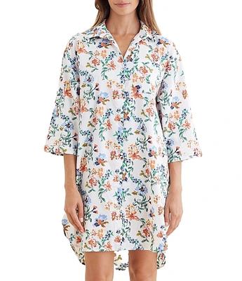 Papinelle Harper Sateen Floral 3/4 Sleeve Notch Collar Button-Front Sleepshirt