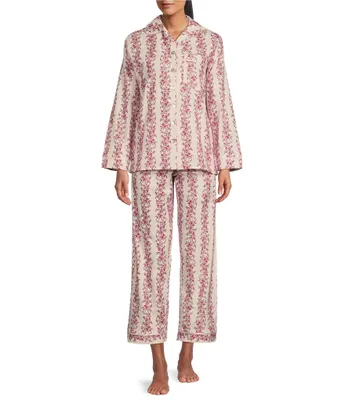 Papinelle Helena Cozy Floral Striped Chest Pocket Notch Collar Long Sleeve Full-Length Pajama Set