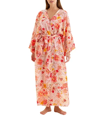 Papinelle Lexi Lightweight Woven Voile Floral Print Long Kimono Robe