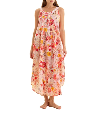 Papinelle Lexi Sleeveless Scoop Neck Lightweight Voile Floral Button-Front Nightgown