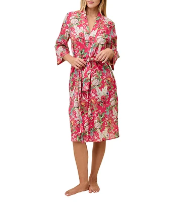 Papinelle Lightweight Cotton Voile Long Sleeve Shawl Collar Floral Print Maxi Robe