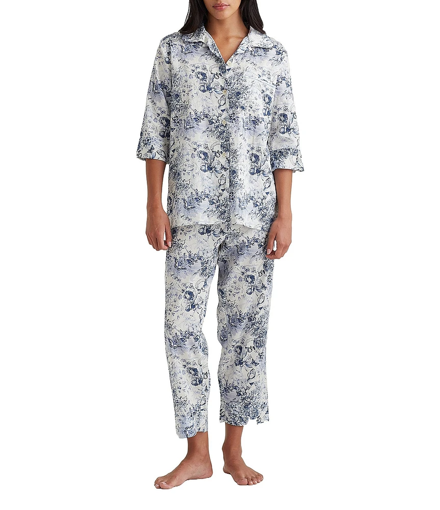 Papinelle Short Sleeve Notch Collar Woven Floral Toile Cropped Pajama Set