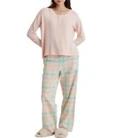 Papinelle Solid Knit Henley Top & Brushed Cotton Plaid Pant Pajama Set