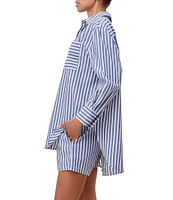 Papinelle Striped Long Sleeve Notch Collar & Shorty Woven Pajama Set