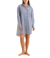 Papinelle Woven Striped Print Long Sleeve Notch Collar Button Front Nightshirt