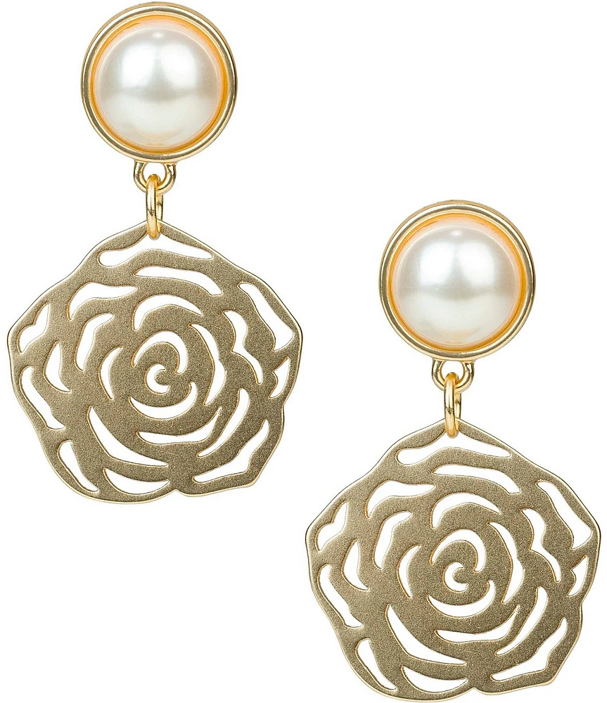 Patricia Nash Open Rose Pearl Drop Earrings