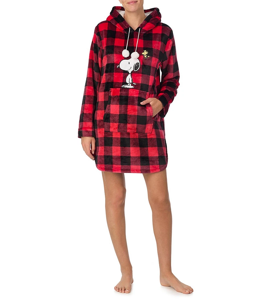 Peanuts Checkered Print Snoopy Long Sleeve Hooded Cozy Knit Holiday Tunic