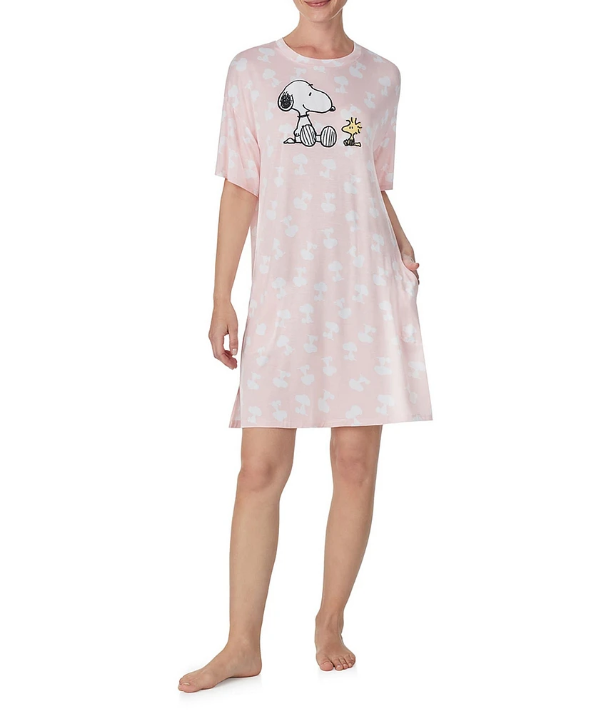 Peanuts Jersey Knit Snoopy Print Short Sleeve Round Neck Nightshirt