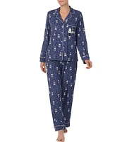 Peanuts Long Sleeve Notch Collar Knit Snoopy Print Button-Front Pajama Set