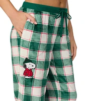 Peanuts Marl Plush Plaid Snoopy Applique Drawstring Tie Coordinating Holiday Sleep Jogger