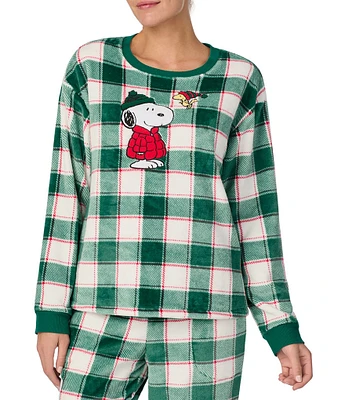 Peanuts Marl Plush Plaid Snoopy Applique Long Sleeve Round Neck Coordinating Holiday Sleep Top