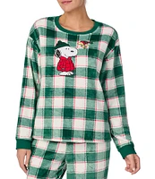 Peanuts Marl Plush Plaid Snoopy Applique Long Sleeve Round Neck Coordinating Holiday Sleep Top